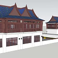Semi Detached Villa Exterior With Blue Roof Tiles Brown Wooden Structure White Walls And Balconies