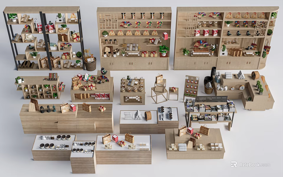 Wooden Display Shelves with Various Designs and Sizes for Retail Merchandise Showcase 3d model 