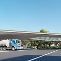 Outdoor Truck Parking Canopy Covering Blue Trucks In Green Tree Area