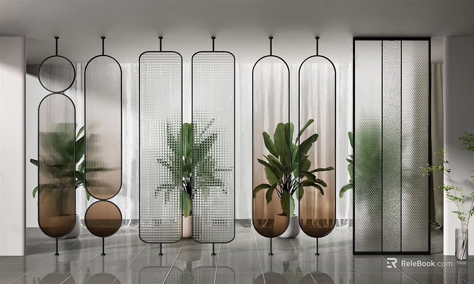 Modern Glass Room Dividers With Metal Frames And Green Plants In Interior Space 3d model 