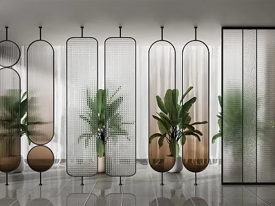 Modern Glass Room Dividers With Metal Frames And Green Plants In Interior Space 3d model