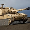 Sandy Colored Military Tank With Long Cannon And Top Mounted Equipment In Outdoor Setting