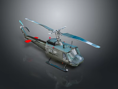 Green Military Helicopter Model With Blue Rotor Blades Landing Gear And Red Accents 3d model