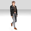 Woman In Black Shiny Jacket Brown Top Gray Jeans Brown Shoes On White Background