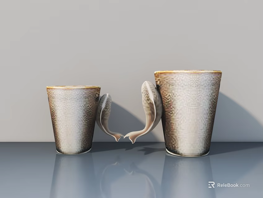 Ornamental Decor Set with Fish Shaped Handles Brown Beige Gradient Textured Cups on Gray Tabletop 3d model 