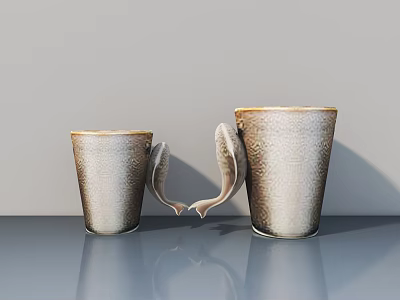 Ornamental Decor Set with Fish Shaped Handles Brown Beige Gradient Textured Cups on Gray Tabletop 3d model