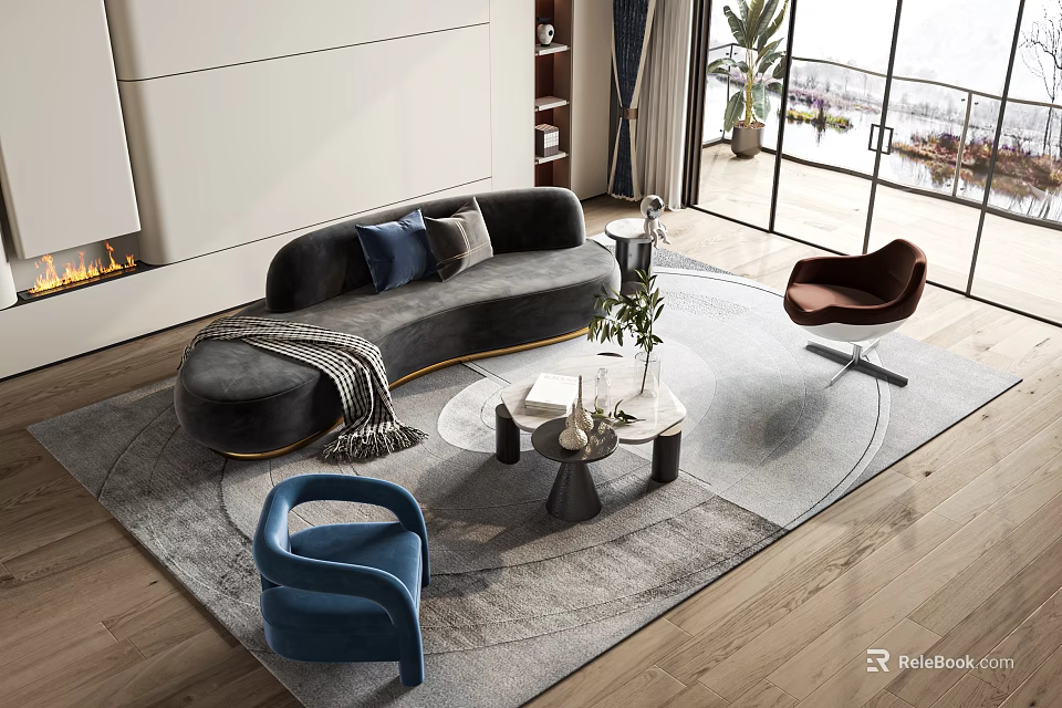 Modern Curved Sofa And Coffee Table Set With Pillows Blanket Decorative Items And Accent Chairs 3d model 