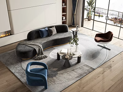Modern Curved Sofa And Coffee Table Set With Pillows Blanket Decorative Items And Accent Chairs 3d model