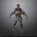 Man In Medieval Armor With Blue Tunic Yellow Sun Patterns Red Pants And Guards