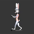 3D Rabbit Character In Blue Red Outfit With Hat Holding Golden Object On Gray Base