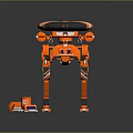 Orange Robot With Four Legs Standing On Yellow Black Striped Floor Near Small Device