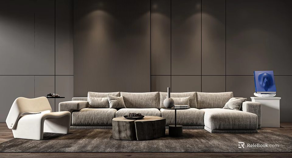 Modern Fabric Sofa And Geometric Coffee Table Set With Cushions And Living Room Rug 3d model 