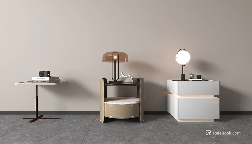 Modern Minimalist Bedside Table With Round Lamp And Storage Drawer Design 3d model 