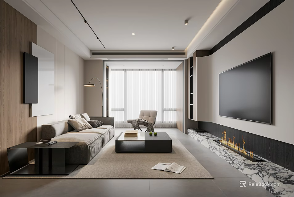 Modern Living Room Interior with Sofa Coffee Table TV Fireplace and Floor to Ceiling Windows 3d model 