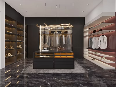 Modern Fashion Store Interior With Hanging Clothes Shoe Shelves And Central Counter 3d model