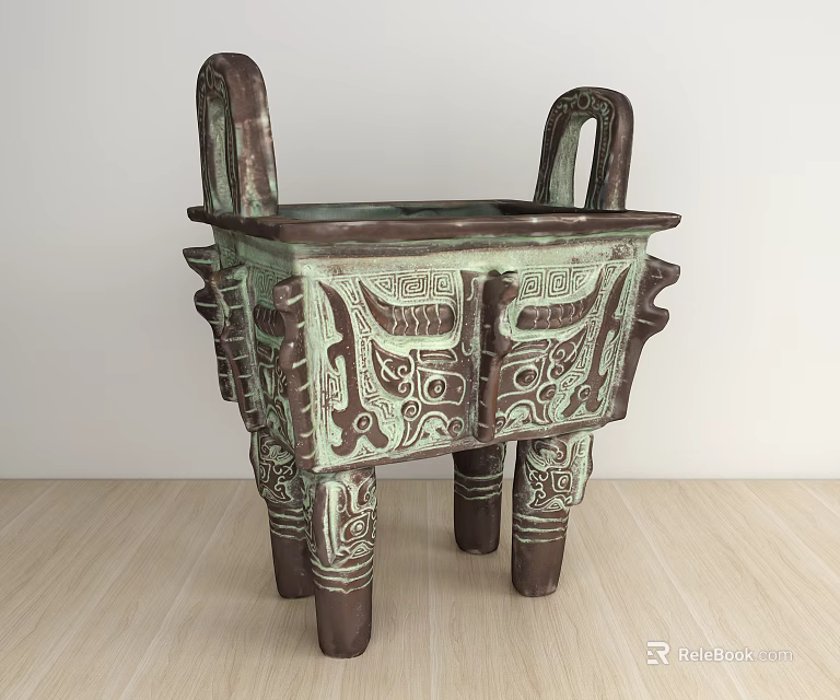 Traditional Ceramic Vessel Featuring Carved Patterns Two Handles And Four Legs 3d model