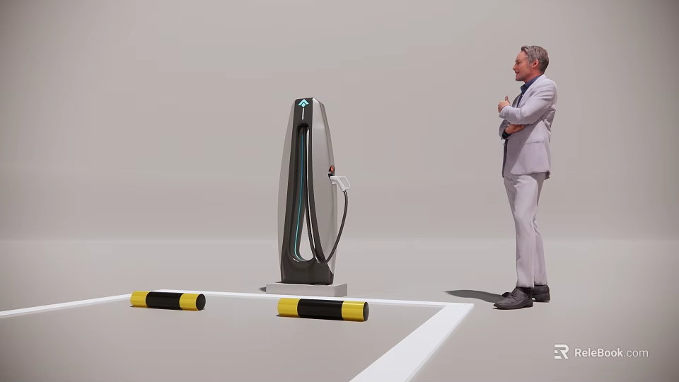 Man in Suit Standing Near Electric Vehicle Charging Station in Parking Area 3d model 
