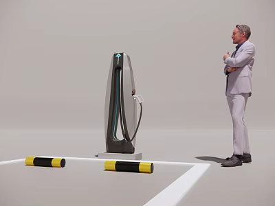 Man in Suit Standing Near Electric Vehicle Charging Station in Parking Area 3d model