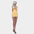 A woman with white long hair wearing stylish yellow sequined sling dress and high heels 3d model