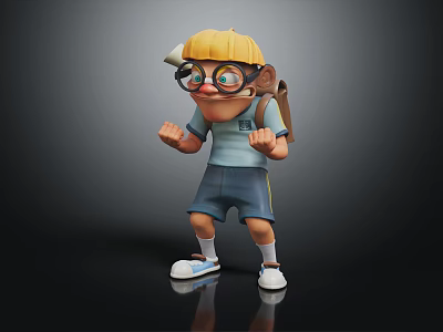 3D Boy Character With Yellow Cap Glasses Blue Shorts And Backpack Standing Pose 3d model