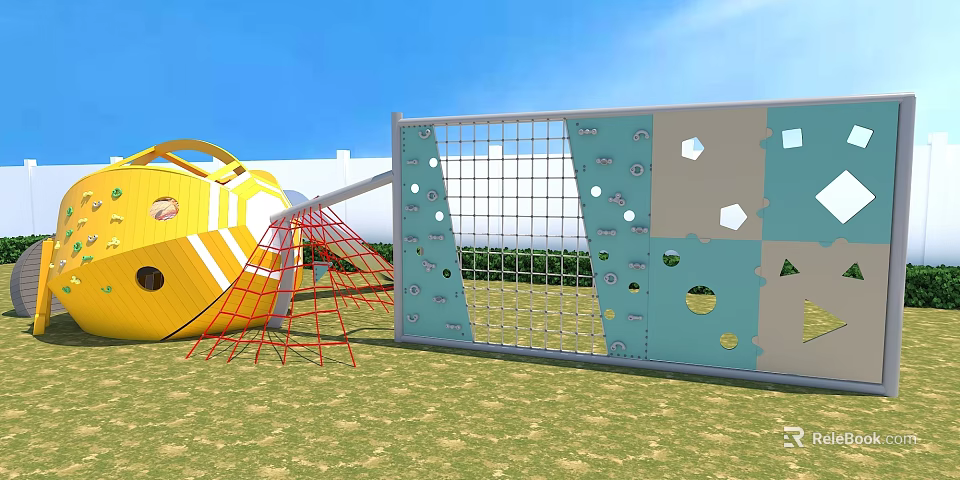 Kindergarten Outdoor Playground With Climbing Wall Net Structure Green Grass Blue Sky 3d model 