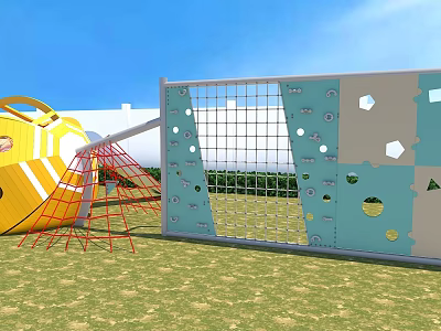 Kindergarten Outdoor Playground With Climbing Wall Net Structure Green Grass Blue Sky 3d model