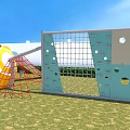 Kindergarten Outdoor Playground With Climbing Wall Net Structure Green Grass Blue Sky