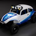 Modified Volkswagen Beetle With Blue White Paint Large Off Road Tires And Koomoe Branding