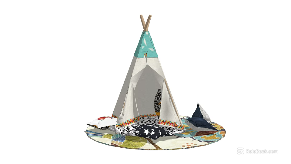 Colorful Kids Tipi Tent With Wooden Poles And Decorative Elements On Play Mat 3d model 