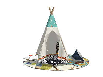 Colorful Kids Tipi Tent With Wooden Poles And Decorative Elements On Play Mat 3d model