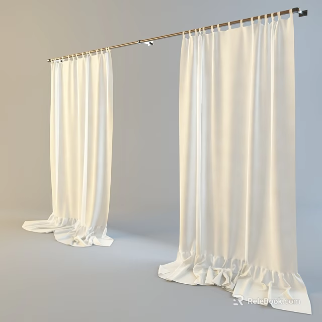 Elegant White Lightweight Curtains Hanging On Curtain Rod With Soft Drapes 3d model 