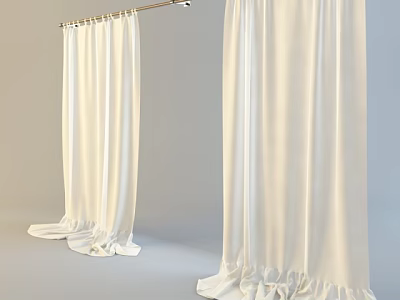 Elegant White Lightweight Curtains Hanging On Curtain Rod With Soft Drapes 3d model