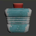 Square Shaped Blue Household Item With Red Lid Silver Stripes And Metal Plate Design