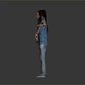 Woman With Dreadlocks In Blue Denim Shirt Jeans Holding Red Guitar Arms Outstretched Gray Background