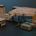Worn Furniture Setup With Tattered Tent Cabinets Table Stool And Metal Frames