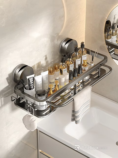 Bathroom Wall Mounted Metal Shelf Holding Various Toiletries And Towel 3d model 