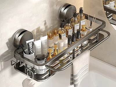 Bathroom Wall Mounted Metal Shelf Holding Various Toiletries And Towel 3d model