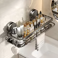 Bathroom Wall Mounted Metal Shelf Holding Various Toiletries And Towel