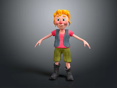 3D Cartoon Character With Blonde Hair Pink Shirt Blue Vest Green Shorts And Black Boots 3d model