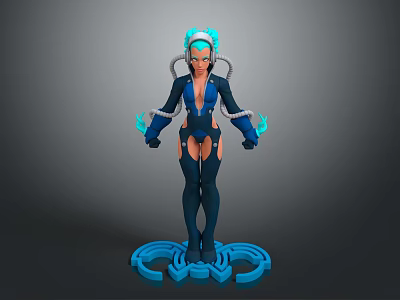 Futuristic Humanoid Character Featuring Biomechanical Elements With Glowing Blue Accents On Platform Base 3d model