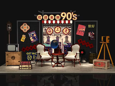 90s Retro Themed Scene With Vintage TV Posters Wicker Chairs And Wooden Crates 3d model
