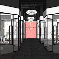 Public Office Space With Glass Partitions Chandeliers Open Layout And Carpeted Floor