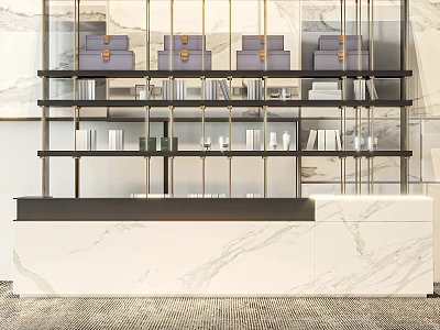 Elegant Hotel Lobby Interior With Marble Reception Desk Glass Shelves And Decorative Items 3d model