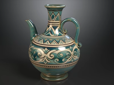 Vintage Ethnic Style Sofa And Coffee Table Set With Exquisite Handpainted Turquoise Ceramic Pitcher 3d model