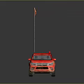 Red Military Pickup Truck Featuring Orange Flag On Roof And Dark Reflective Surface