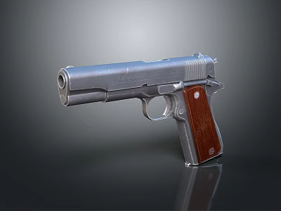 Classic Silver Metal Pistol With Wooden Grip And Gradient Background Reflection 3d model