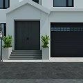 Modern White Two Story Detached Villa With Black Garage Door Green Plants And Iron Gate