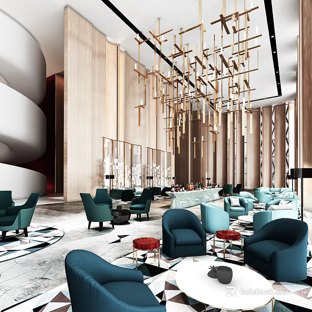 Modern Hotel Lobby Interior With Wooden Walls Metallic Pendant Lights And Teal Blue Armchairs 3d model 