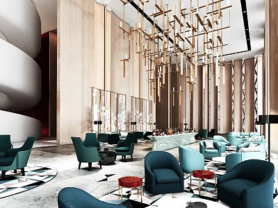 Modern Hotel Lobby Interior With Wooden Walls Metallic Pendant Lights And Teal Blue Armchairs 3d model