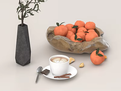 Fresh Oranges In Wooden Bowl With Coffee And Sweet Treats 3d model